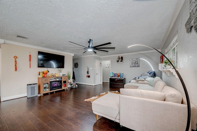 11104 Timber Crest Dr, Houston, TX 77065 - living room featuring wood finished floors, ceiling fan, a textured ceiling, baseboards, and ornamental molding