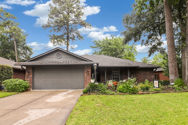 single story home featuring brick siding, a garage, driveway, a front lawn, and a shingled roof