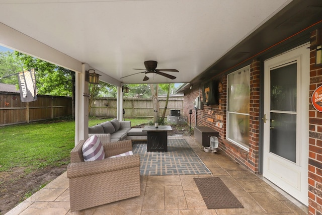 view of patio with a ceiling fan and an outdoor hangout area