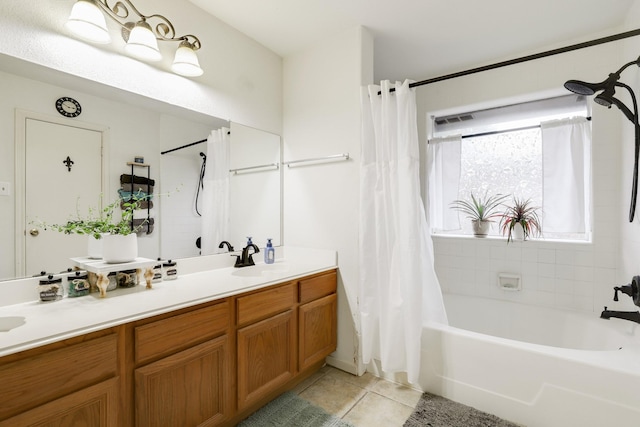 full bathroom featuring tile patterned flooring, shower / bath combo, and double vanity