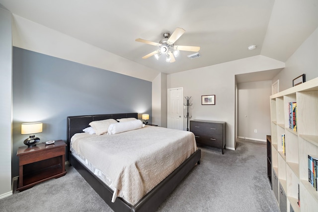 carpeted bedroom with baseboards, ceiling fan, and lofted ceiling