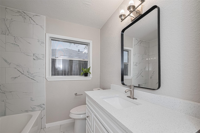 7702 Darnay Dr, Houston, TX 77033 - bathroom featuring vanity, marble finish floors, toilet, a textured ceiling, and bathing tub / shower combination
