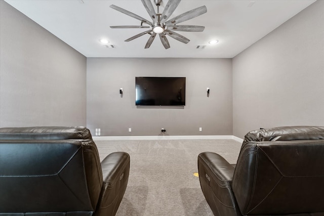 929 Oak St, Houston, TX 77018 - carpeted cinema with a ceiling fan, baseboards, and recessed lighting