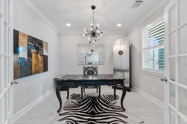 929 Oak St, Houston, TX 77018 - office space featuring a chandelier, crown molding, baseboards, recessed lighting, and light tile patterned floors