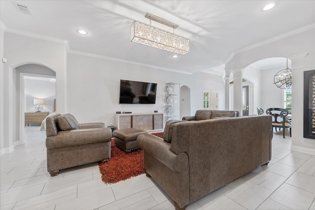 929 Oak St, Houston, TX 77018 - living area with a chandelier, arched walkways, decorative columns, ornamental molding, and recessed lighting