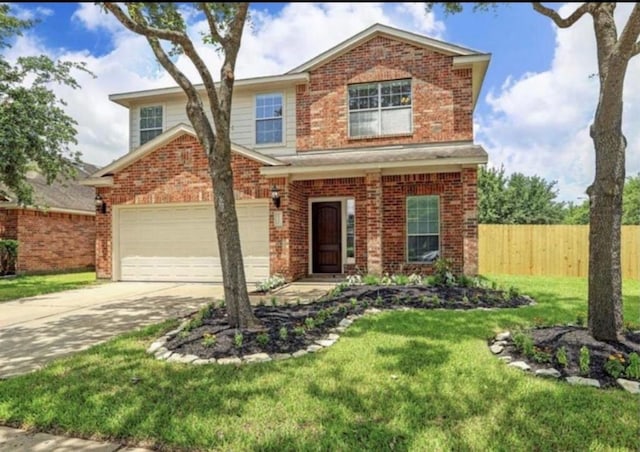 traditional home with concrete driveway and brick siding