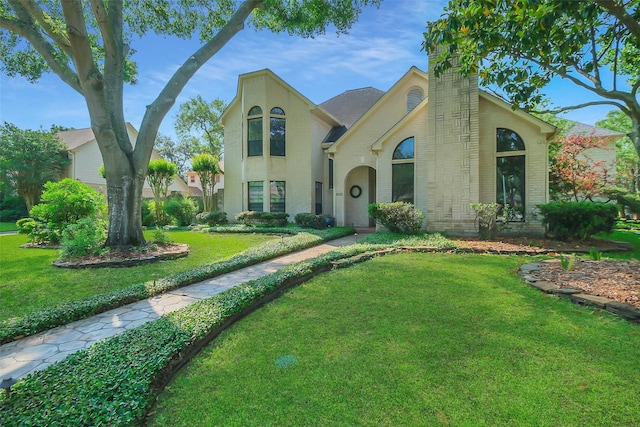 view of front of property featuring a chimney, a front lawn, and brick siding