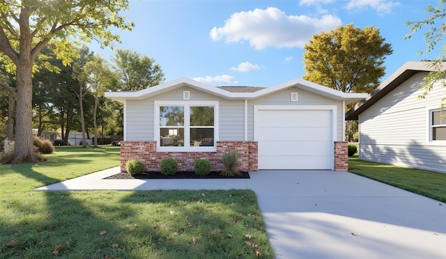 view of front facade featuring brick siding, concrete driveway, a front lawn, and a garage