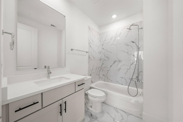 full bathroom featuring marble look tile flooring, toilet, vanity, shower / bathtub combination, and recessed lighting