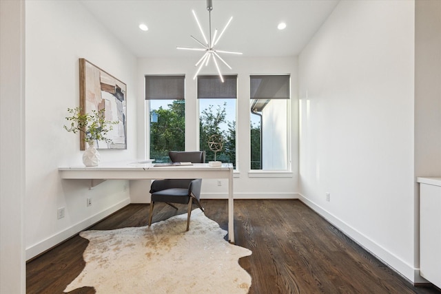 office with healthy amount of natural light, dark wood-type flooring, recessed lighting, and baseboards