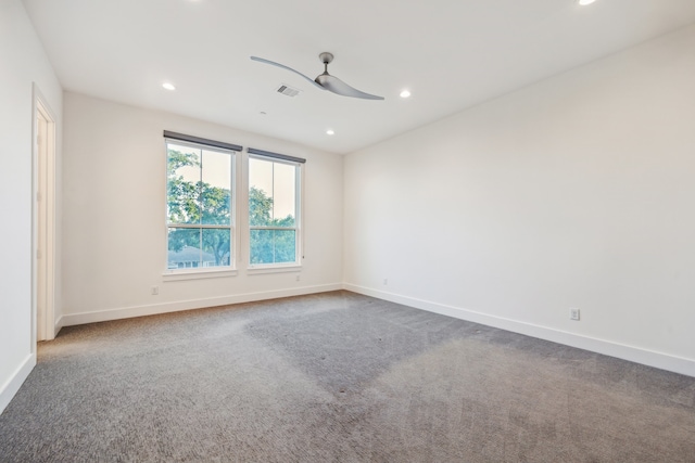 spare room featuring a ceiling fan, carpet flooring, baseboards, and recessed lighting