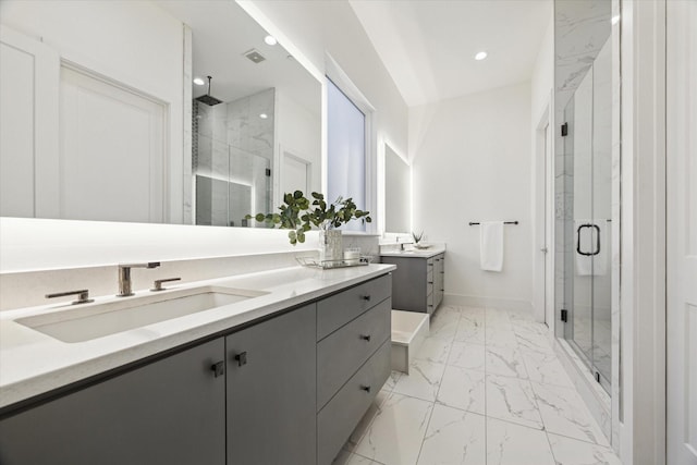 full bath featuring marble look tiles, a stall shower, vanity, recessed lighting, and baseboards