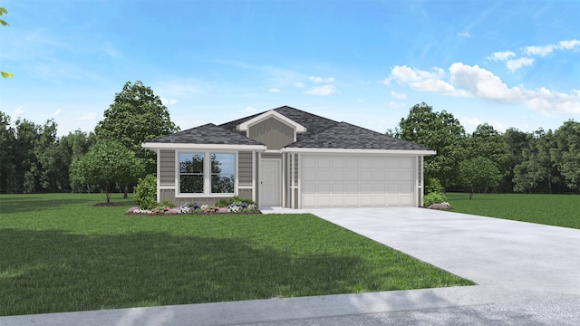 14819 Crimson Peak Ln, Splendora, TX 77372 - single story home featuring an attached garage, driveway, a front yard, and roof with shingles