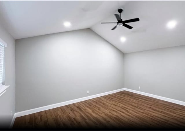 1703 Grand Valley Dr, Houston, TX 77090 - bonus room with a ceiling fan, baseboards, dark wood-type flooring, vaulted ceiling, and recessed lighting