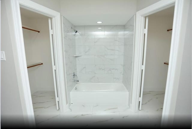 1703 Grand Valley Dr, Houston, TX 77090 - full bath featuring marble finish flooring, shower / washtub combination, and recessed lighting
