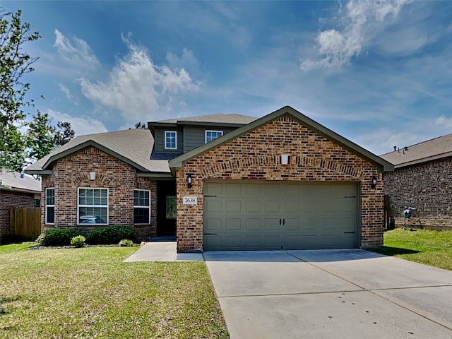 view of front facade featuring brick siding, an attached garage, concrete driveway, and a shingled roof