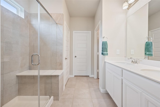 104 Clay Creek Ln, Montgomery, TX 77316 - full bathroom with a stall shower, tile patterned flooring, and double vanity