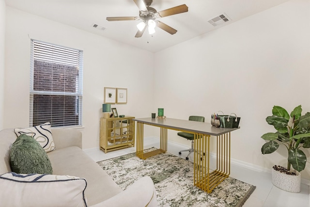 7923 Cheyenne Hills Trl, Richmond, TX 77406 - tiled home office featuring ceiling fan and baseboards