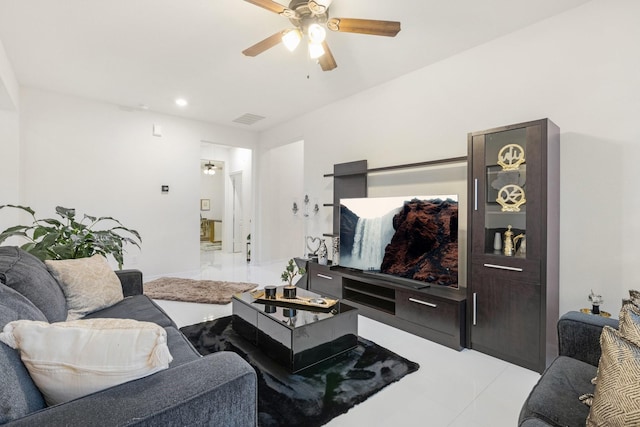 7923 Cheyenne Hills Trl, Richmond, TX 77406 - living area featuring ceiling fan, light tile patterned floors, and recessed lighting