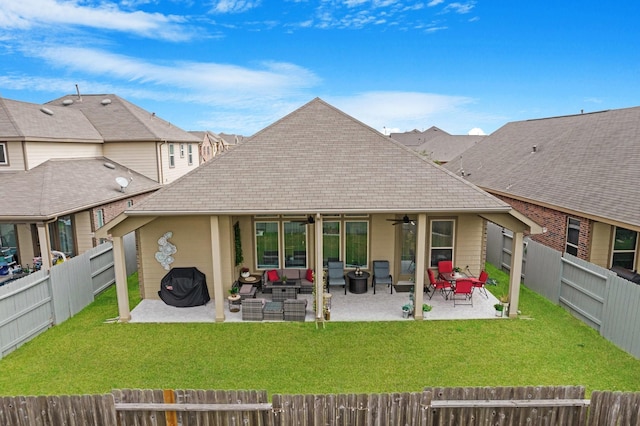 7923 Cheyenne Hills Trl, Richmond, TX 77406 - back of house featuring ceiling fan, a patio area, outdoor lounge area, and a shingled roof