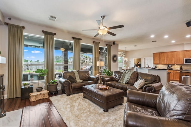 1886 Pampas Trail Dr, Friendswood, TX 77546 - living area featuring a ceiling fan, hardwood / wood-style flooring, and recessed lighting