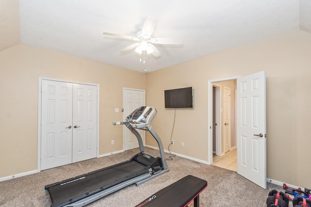 1886 Pampas Trail Dr, Friendswood, TX 77546 - exercise area with carpet flooring, a ceiling fan, baseboards, and lofted ceiling