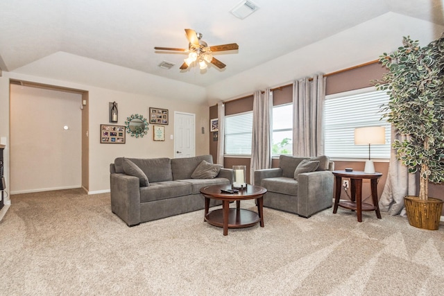 1886 Pampas Trail Dr, Friendswood, TX 77546 - carpeted living room featuring ceiling fan, vaulted ceiling, and baseboards