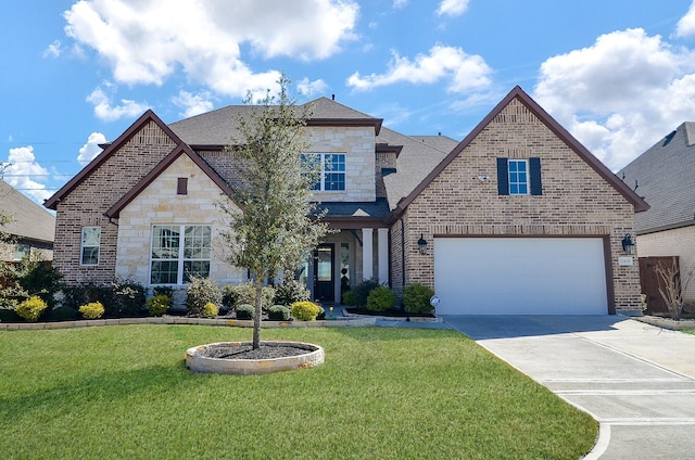 11610 Bryson Creek Ct, Cypress, TX 77433 - view of front of property with stone siding, driveway, a shingled roof, brick siding, and a front lawn