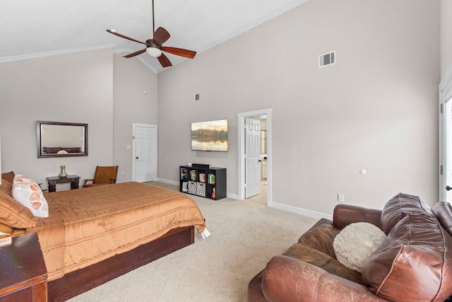 carpeted bedroom with crown molding, high vaulted ceiling, baseboards, and ceiling fan