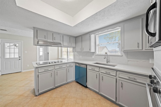 3915 Glenheather Dr, Houston, TX 77068 - kitchen with dishwasher, a sink, gray cabinetry, a textured ceiling, and a peninsula