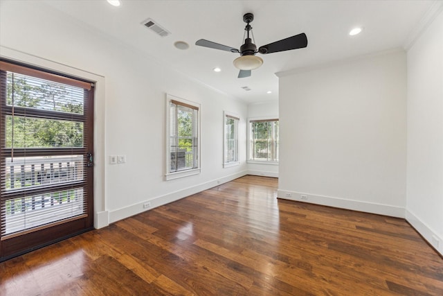 6216 Queenswood Ln, Houston, TX 77008 - empty room featuring ornamental molding, wood finished floors, ceiling fan, baseboards, and recessed lighting