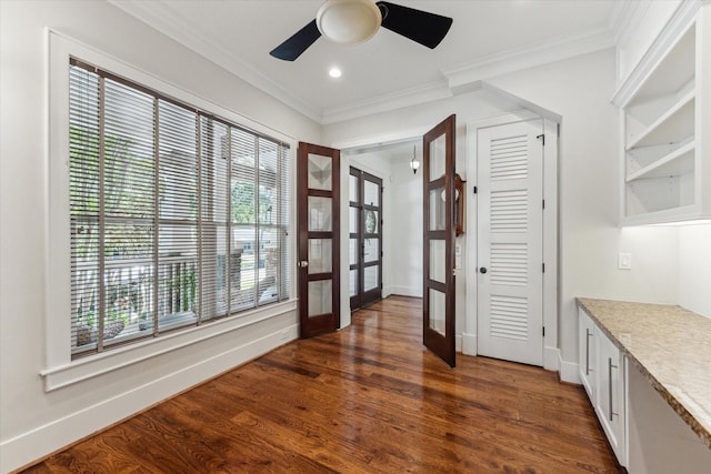 6216 Queenswood Ln, Houston, TX 77008 - interior space with french doors, a ceiling fan, ornamental molding, dark wood-type flooring, and baseboards