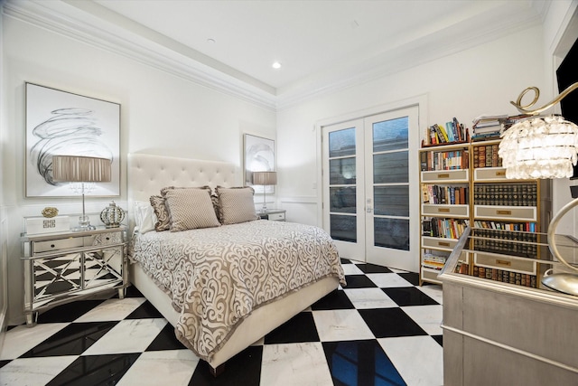 bedroom with access to exterior, crown molding, recessed lighting, french doors, and tile patterned floors