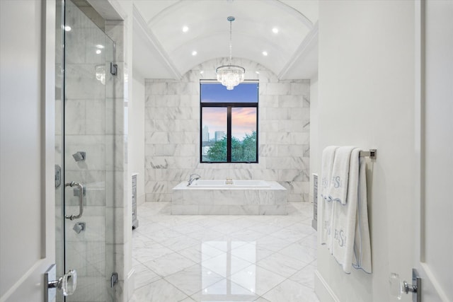 full bath with a chandelier, a stall shower, a garden tub, and marble finish floors