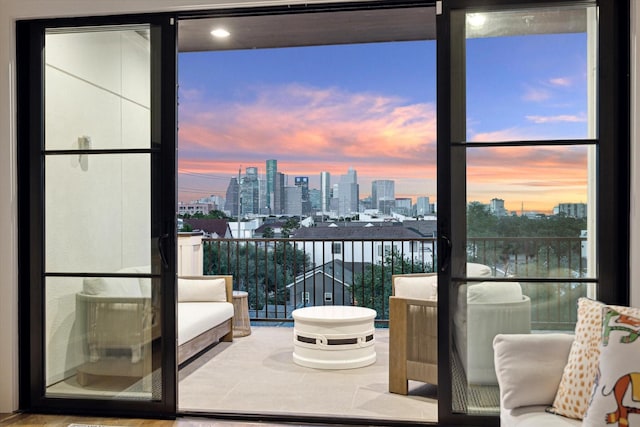 bedroom with a skyline view