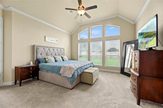 18814 Luby Creek Dr, Cypress, TX 77433 - bedroom featuring light carpet, crown molding, lofted ceiling, baseboards, and ceiling fan