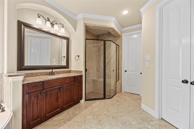 18814 Luby Creek Dr, Cypress, TX 77433 - bathroom with a stall shower, vanity, crown molding, baseboards, and recessed lighting