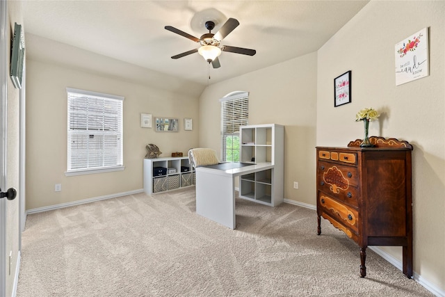 18814 Luby Creek Dr, Cypress, TX 77433 - home office featuring ceiling fan, light colored carpet, baseboards, and lofted ceiling