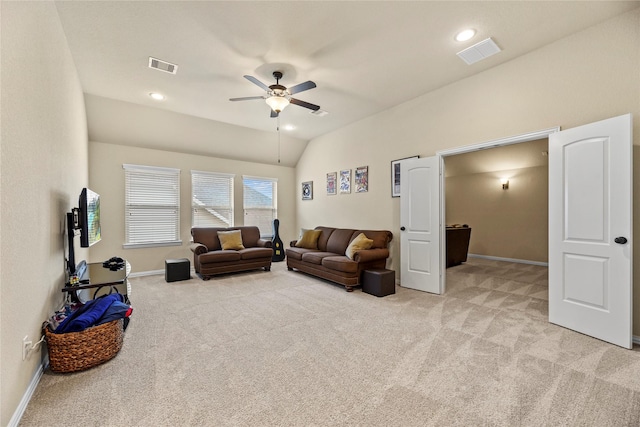 18814 Luby Creek Dr, Cypress, TX 77433 - living room featuring light carpet, a ceiling fan, baseboards, vaulted ceiling, and recessed lighting