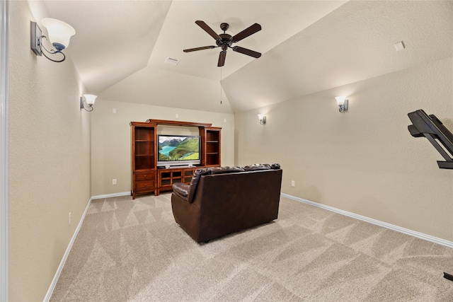 18814 Luby Creek Dr, Cypress, TX 77433 - cinema room featuring light colored carpet, a ceiling fan, baseboards, and lofted ceiling