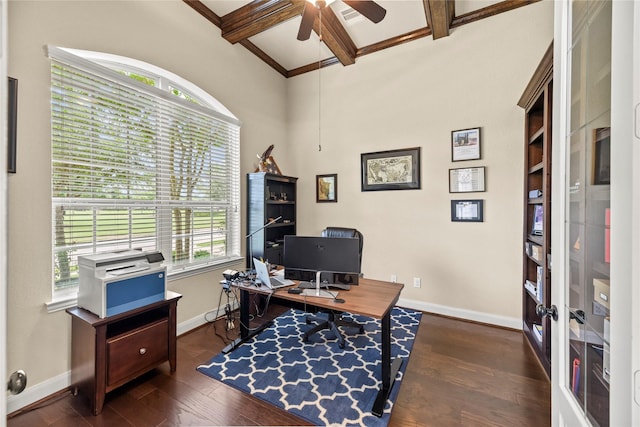 18814 Luby Creek Dr, Cypress, TX 77433 - office area featuring a ceiling fan, baseboards, beam ceiling, dark wood-type flooring, and french doors
