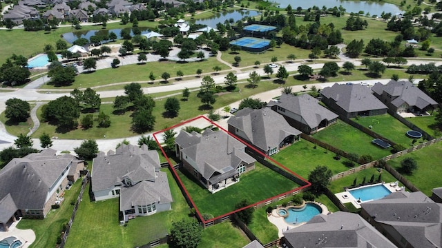 18814 Luby Creek Dr, Cypress, TX 77433 - aerial perspective of suburban area featuring a large body of water, property boundaries highlighted, and a pool area