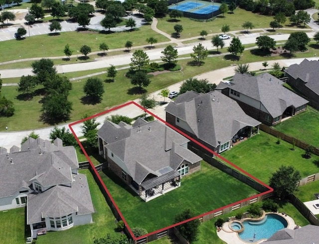 18814 Luby Creek Dr, Cypress, TX 77433 - aerial perspective of suburban area featuring property parcel outlined and a pool