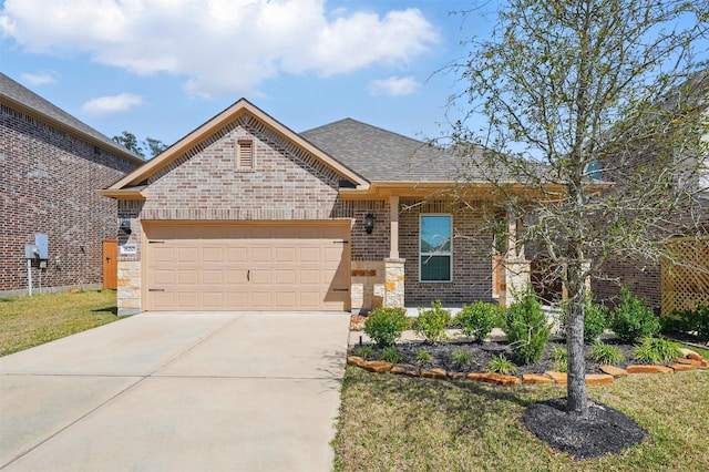 820 Dawn Redwood Ct, Conroe, TX 77304 - view of front of property with brick siding, an attached garage, driveway, a shingled roof, and a front lawn