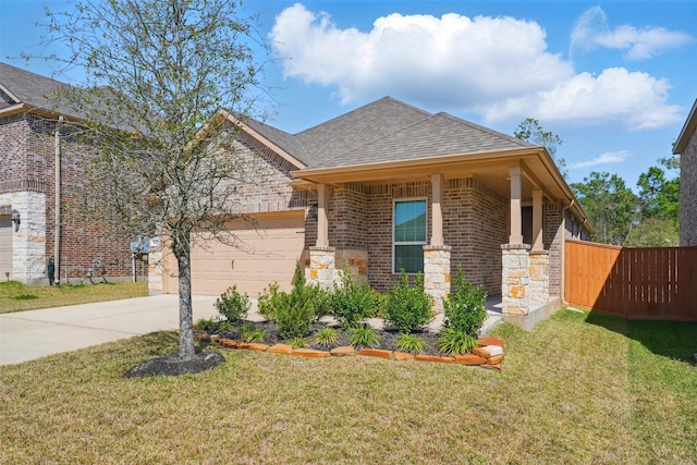 820 Dawn Redwood Ct, Conroe, TX 77304 - view of side of home with an attached garage, concrete driveway, brick siding, and a shingled roof