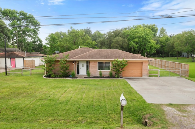 ranch-style house with driveway, an attached garage, brick siding, and a shingled roof