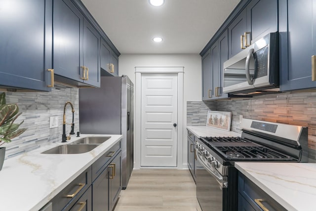 3618 Tamfield Dr, Houston, TX 77066 - kitchen featuring appliances with stainless steel finishes, a sink, recessed lighting, light wood-style flooring, and backsplash