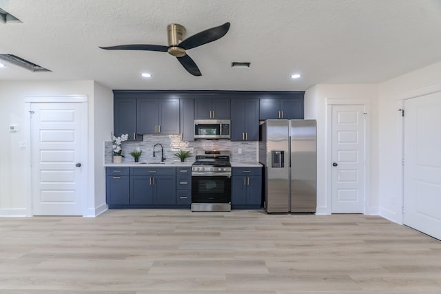 3618 Tamfield Dr, Houston, TX 77066 - kitchen featuring stainless steel appliances, a sink, light countertops, ceiling fan, and blue cabinetry