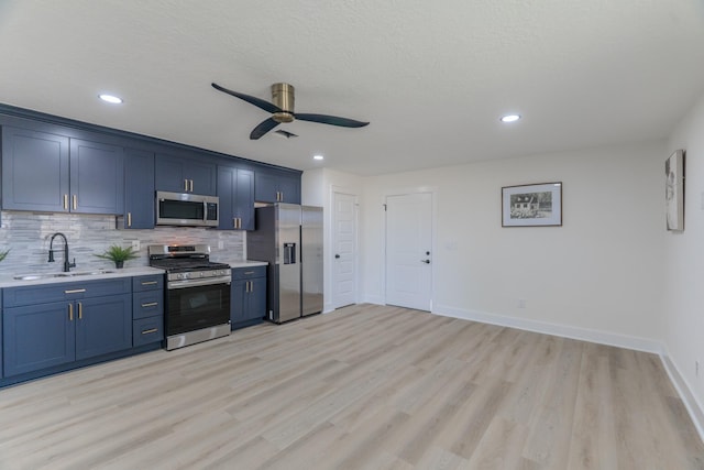 3618 Tamfield Dr, Houston, TX 77066 - kitchen featuring appliances with stainless steel finishes, a sink, blue cabinets, light countertops, and ceiling fan
