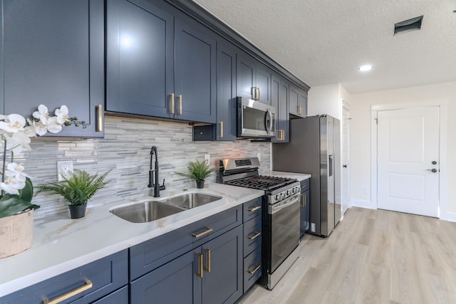 3618 Tamfield Dr, Houston, TX 77066 - kitchen with stainless steel appliances, a sink, light wood-style floors, a textured ceiling, and backsplash